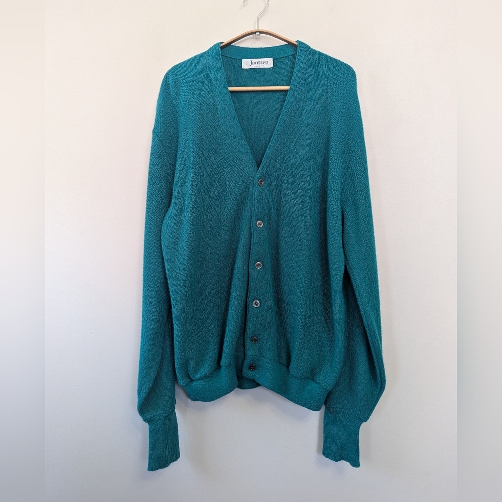 Vintage Janzen‎ Teal Cardigan Sweater Fuzzy Cobain Preppy
